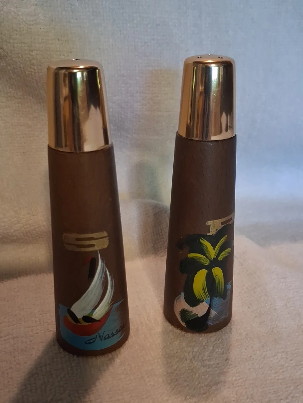 Mid Century Modern Brown Wooden Salt and Pepper Shakers with Gold Tops Japan